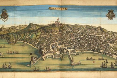 Pierre Mortier secolo XVIII Veduta di Napoli a volo d&#39;uccello