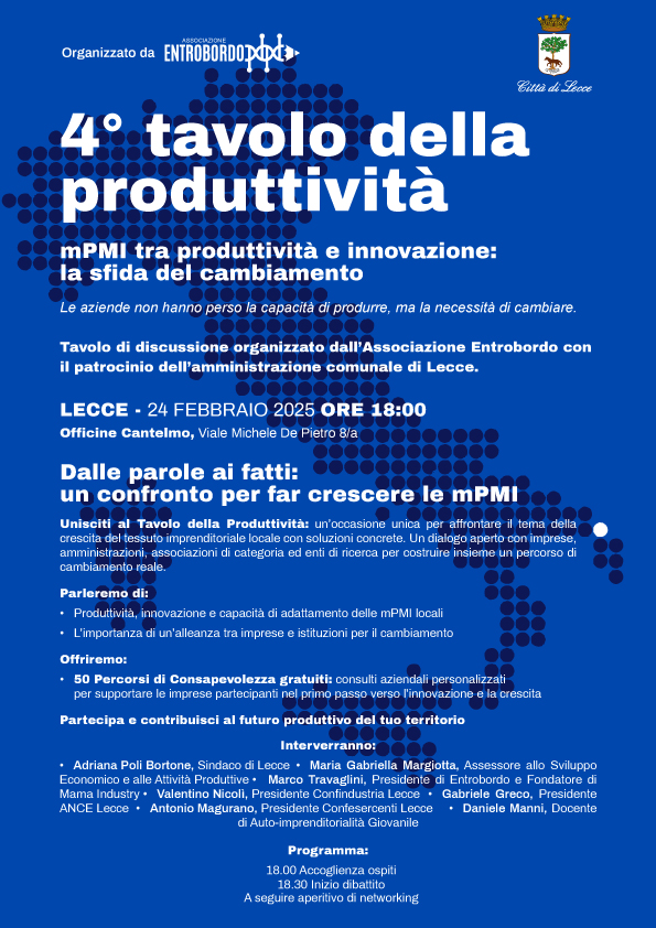 4° Tavolo della Produttività a Lecce: al via il confronto concreto su sfide e opportunità per le mPMI pugliesi 4 tavolo produttività
