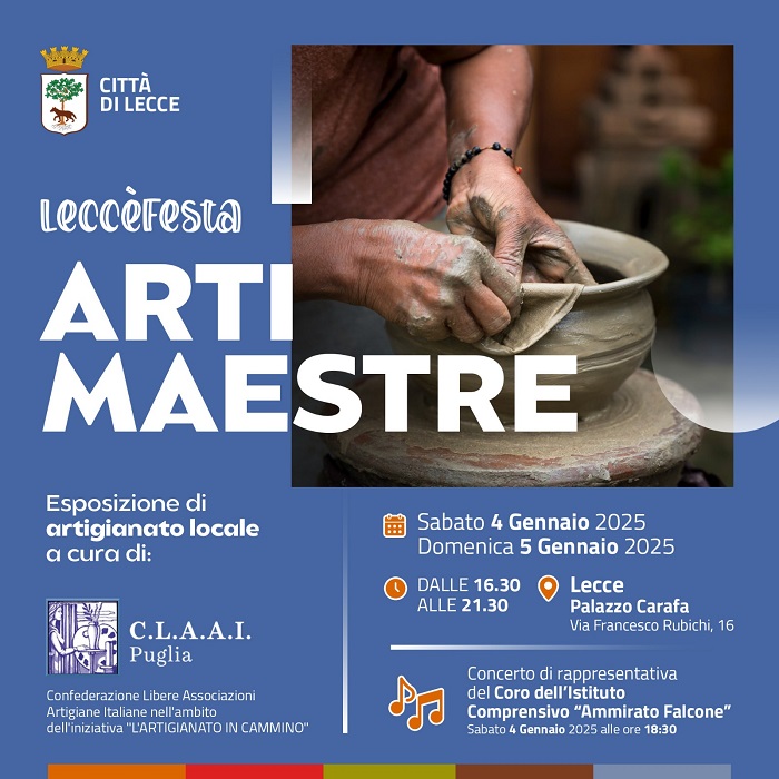 "Arti Maestre", il 4 e 5 gennaio, a Palazzo Carafa, un'esposizione di artigianato locale Arti maestre