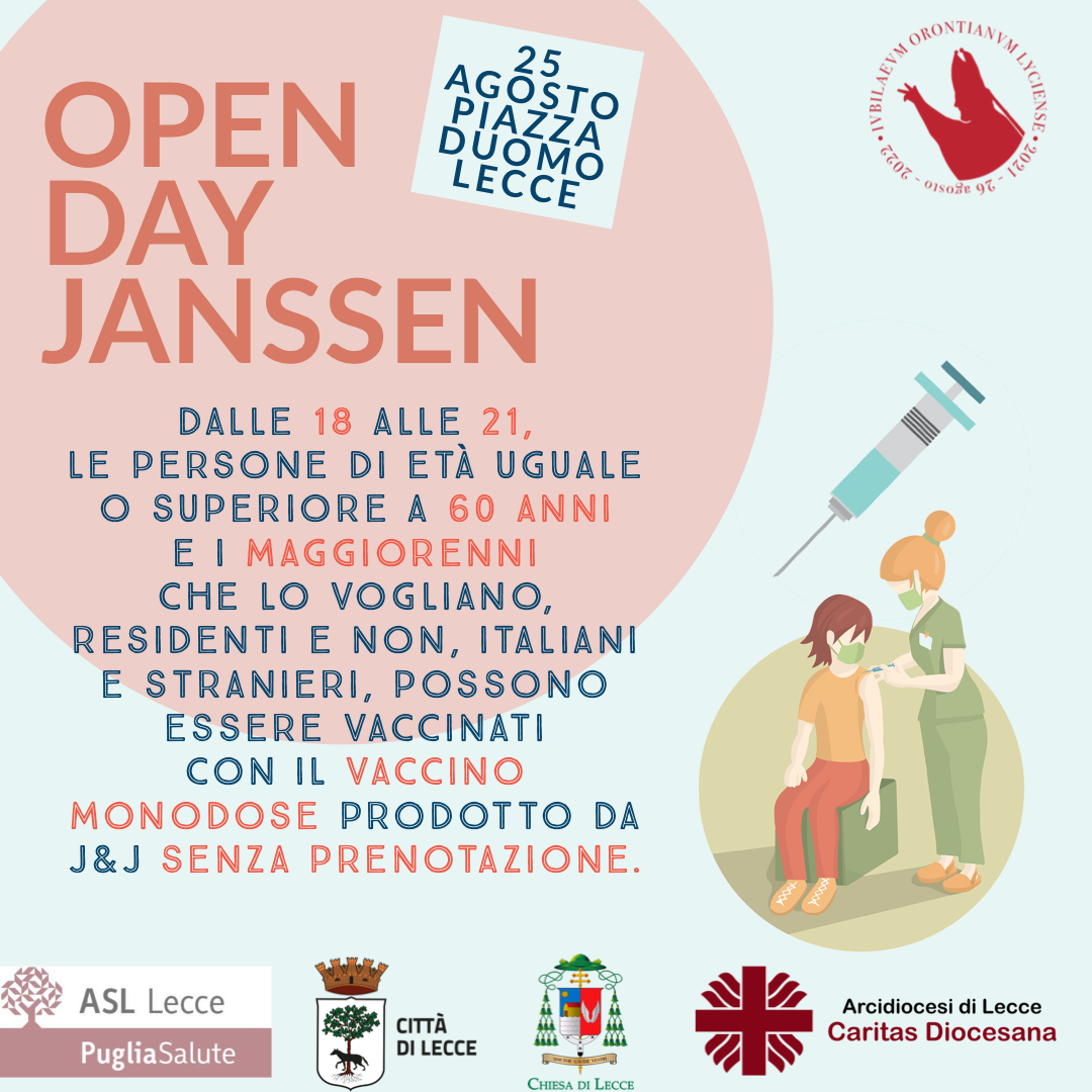 Il 25 Agosto a Lecce Open Day Janssen. Vaccinazione senza prenotazione in Piazza Duomo alle 18. open-day-johnson-johnson-comune-lecce-25-agosto-2021