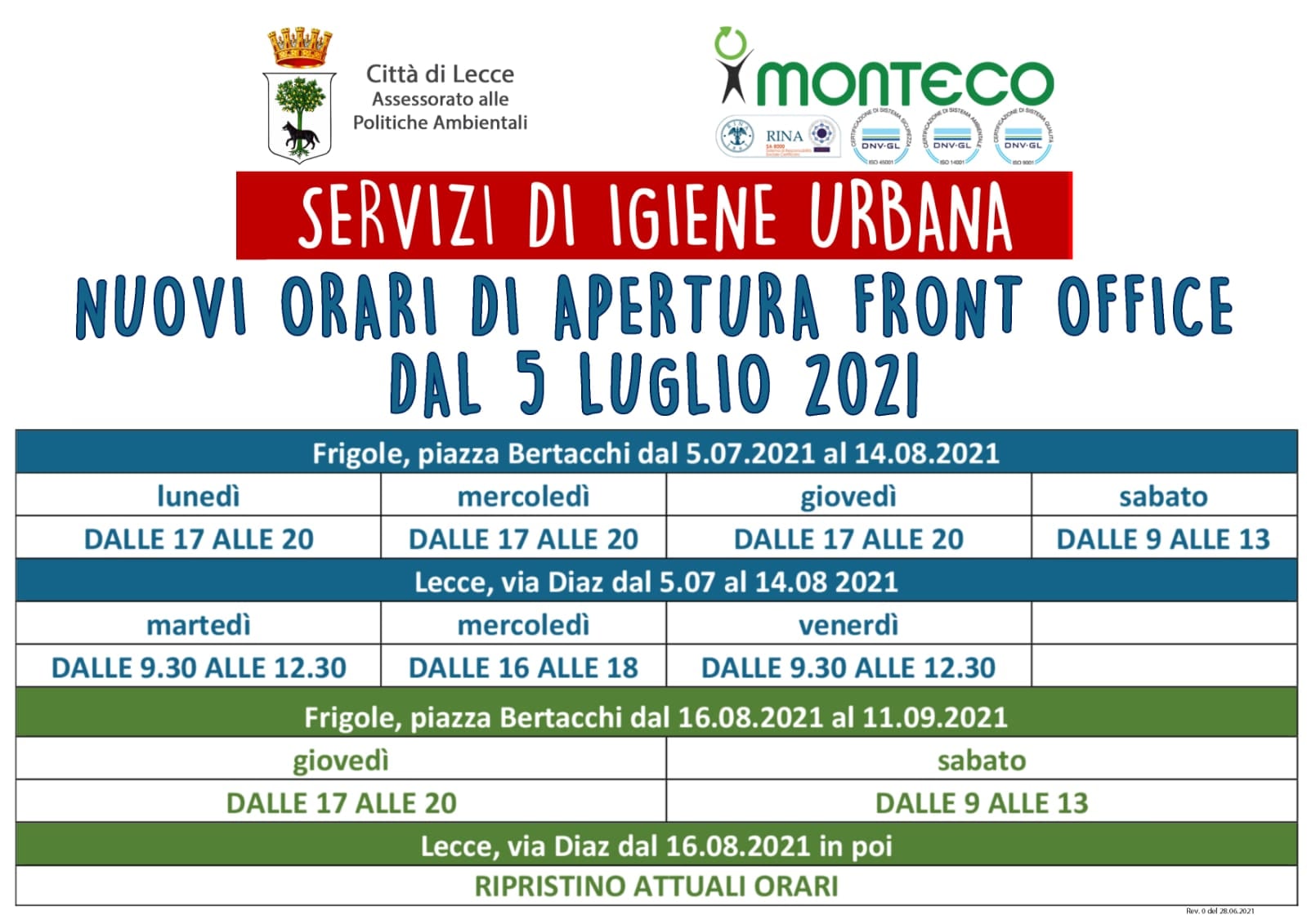 ORARI FRONT OFFICE MONTECO
